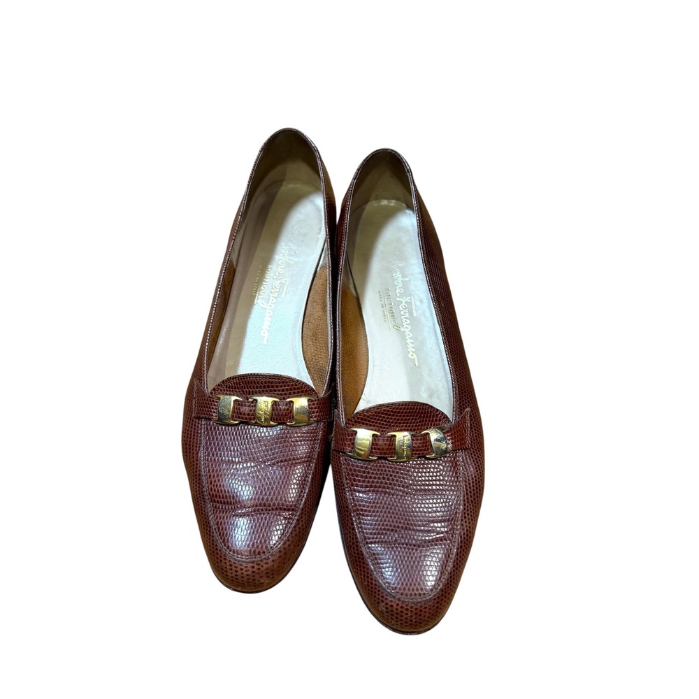 Salvatore Ferragamo Mens Lizard Embossed Leather Gancini Loafers Brown 9.5 2A/B